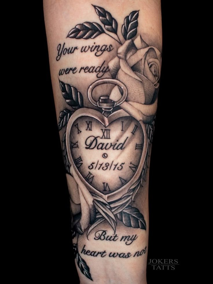 Rose Heart Clock Memorial Tattoo Design