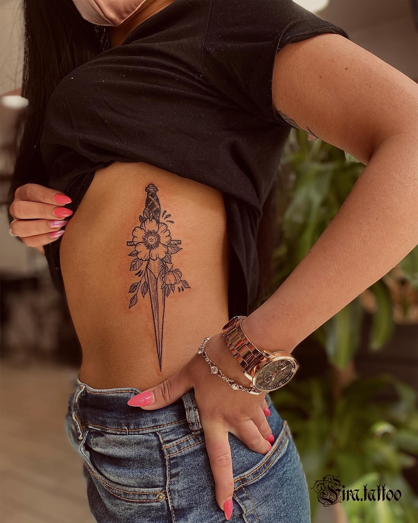 Floral Dagger Rib Tattoo Tattoo Design