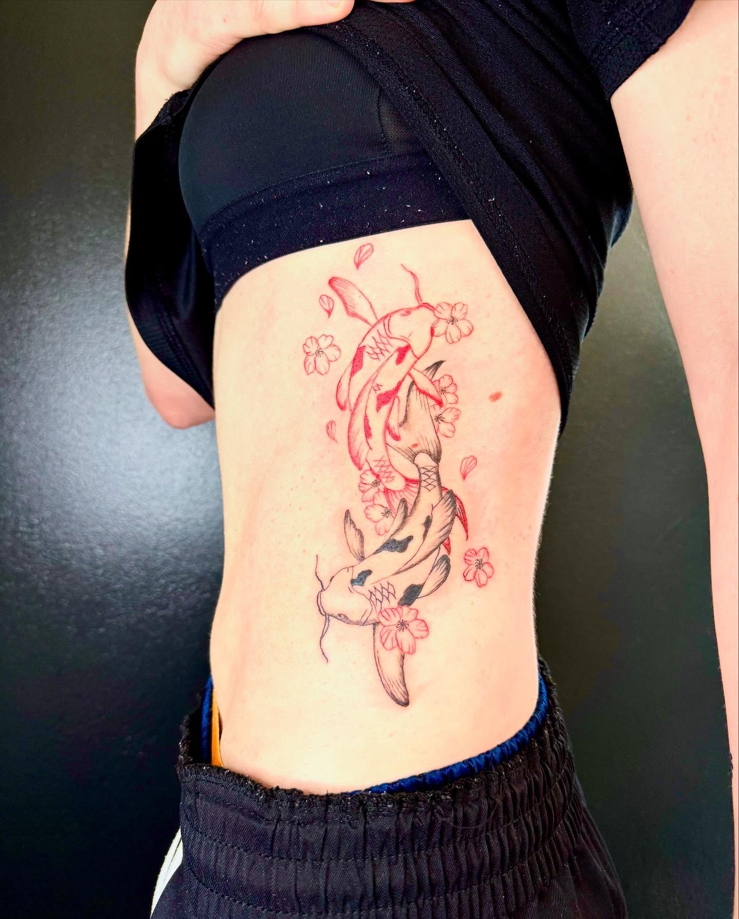 Koi Fish and Cherry Blossom Rib Tattoo Tattoo Design