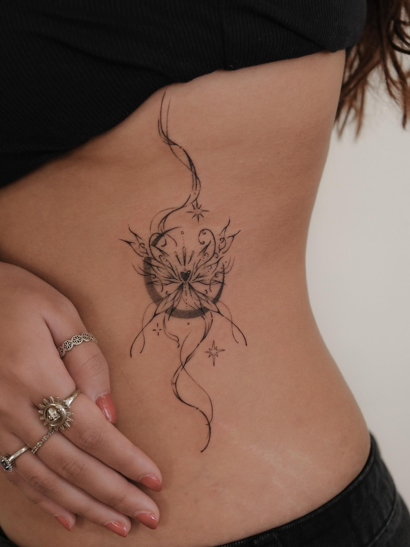 Mystical Butterfly and Crescent Moon Rib Tattoo Tattoo Design
