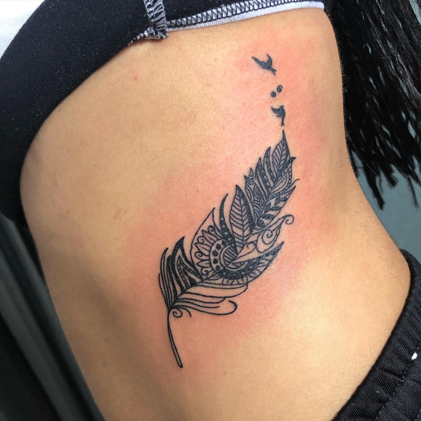 Ornamental Feather and Flying Birds Rib Tattoo Tattoo Design