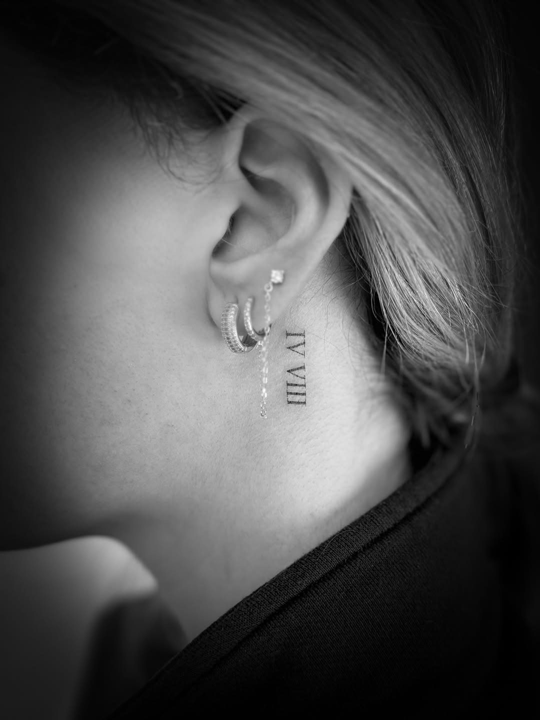 Elegant Roman Numeral Tattoo Behind the Ear Tattoo Design