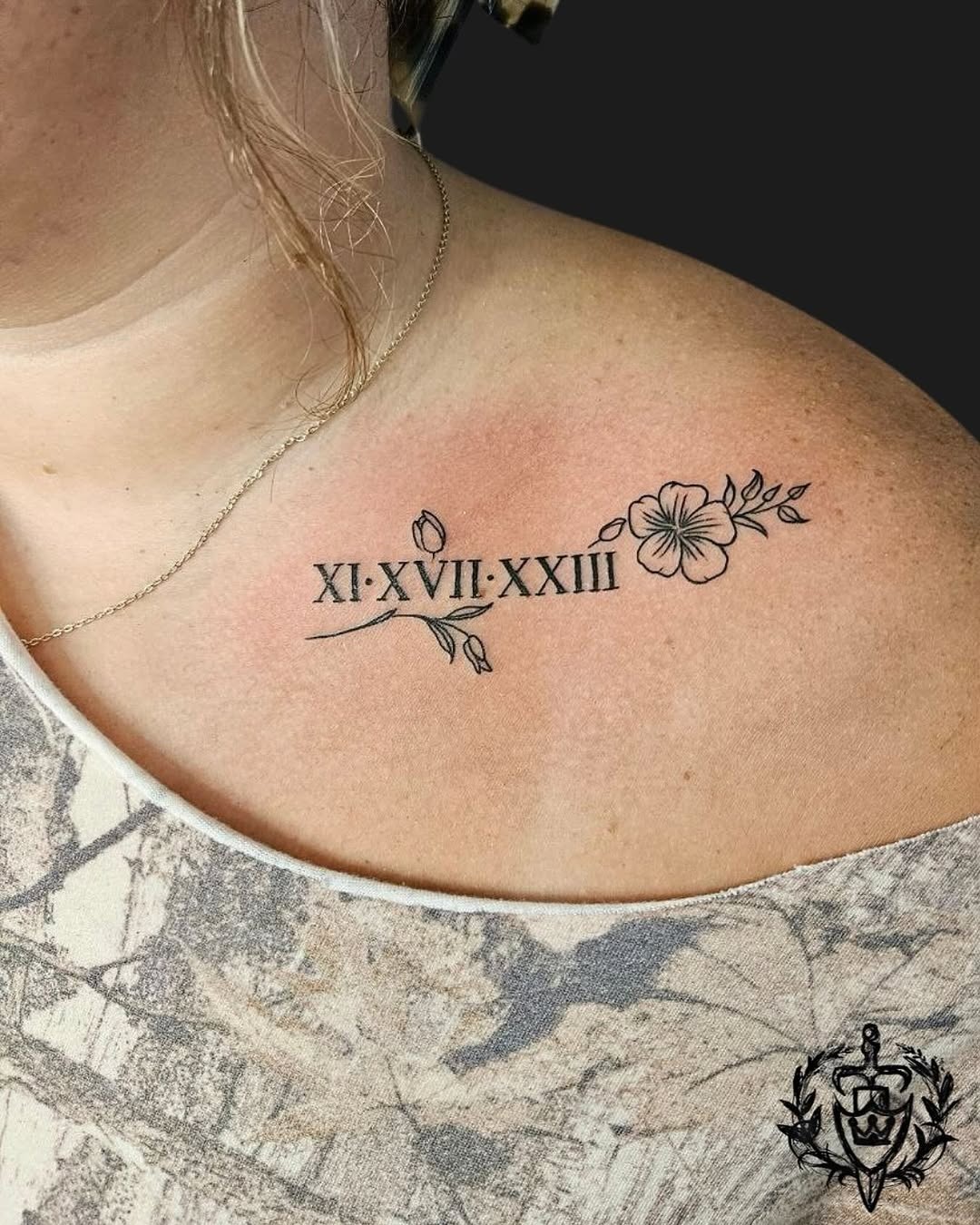 Elegant roman numeral tattoo with floral elements. Tattoo Design