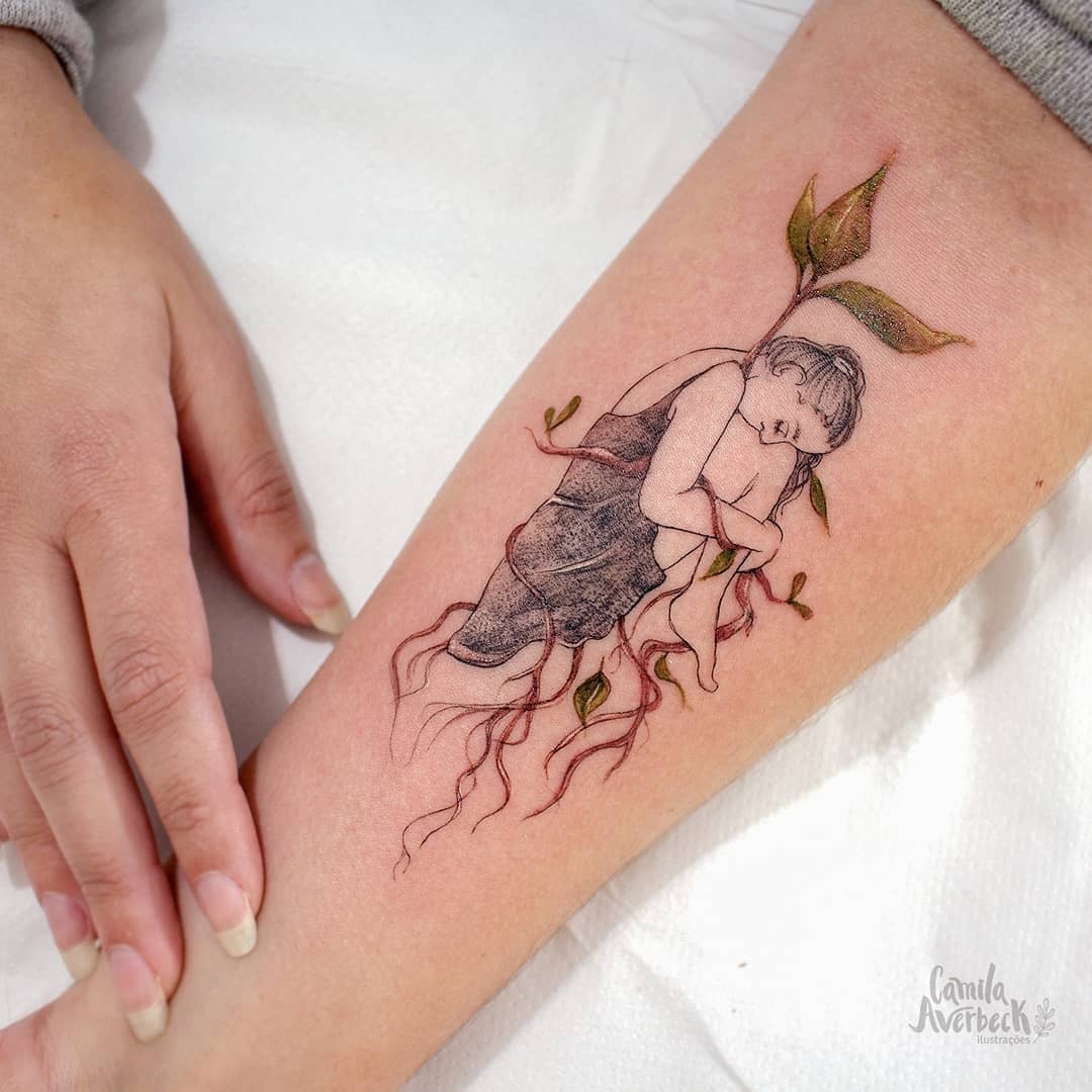 Symbolic roots intertwining with human emotions Tattoo Design