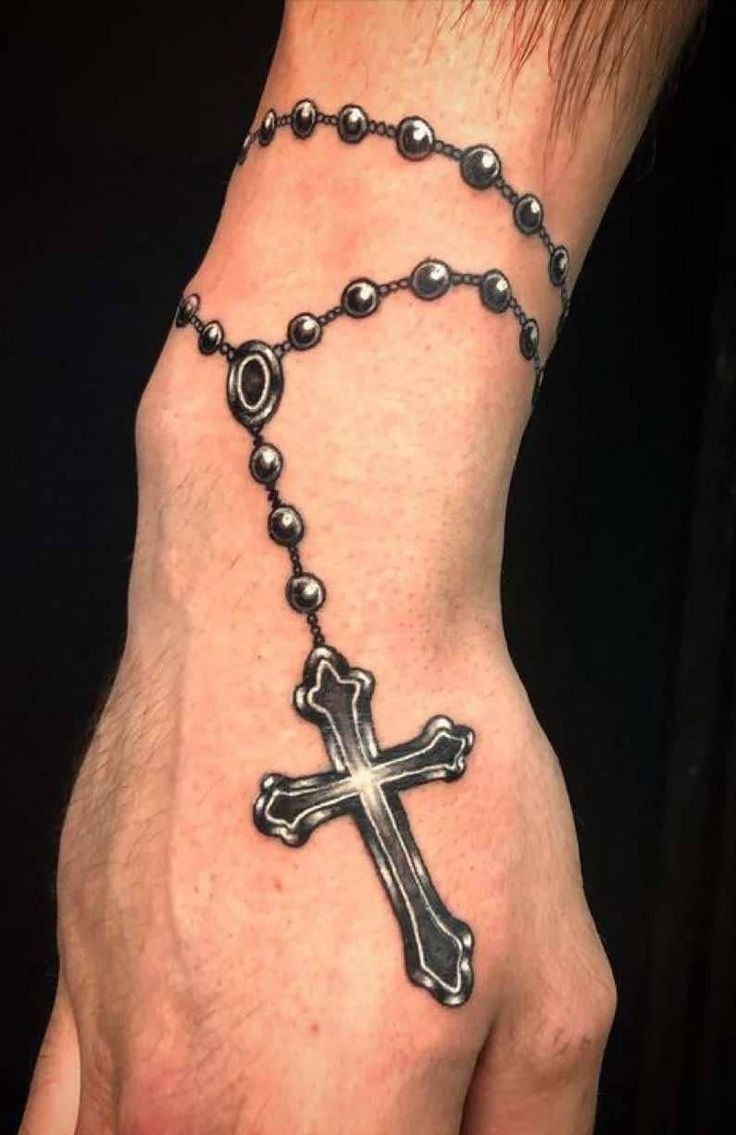 Classic Wrist-to-Hand Cross Rosary Tattoo Design
