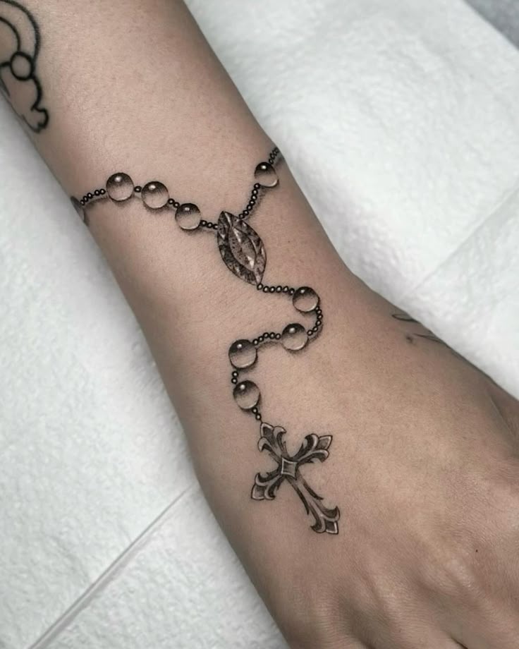 Fine Jewelry-Style Wrist Rosary Tattoo Design