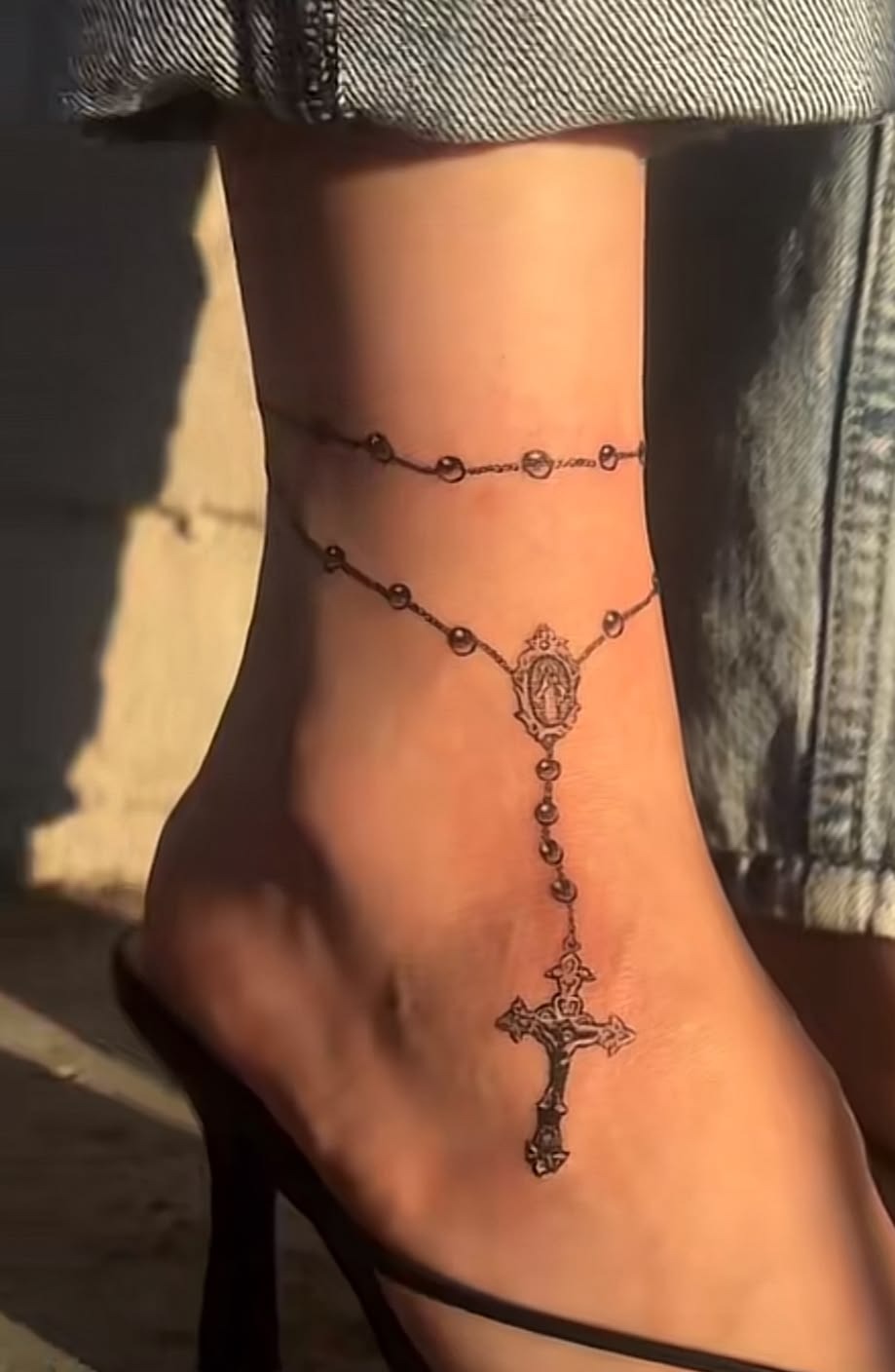 Fine Line Rosary Across the Foot Tattoo Design
