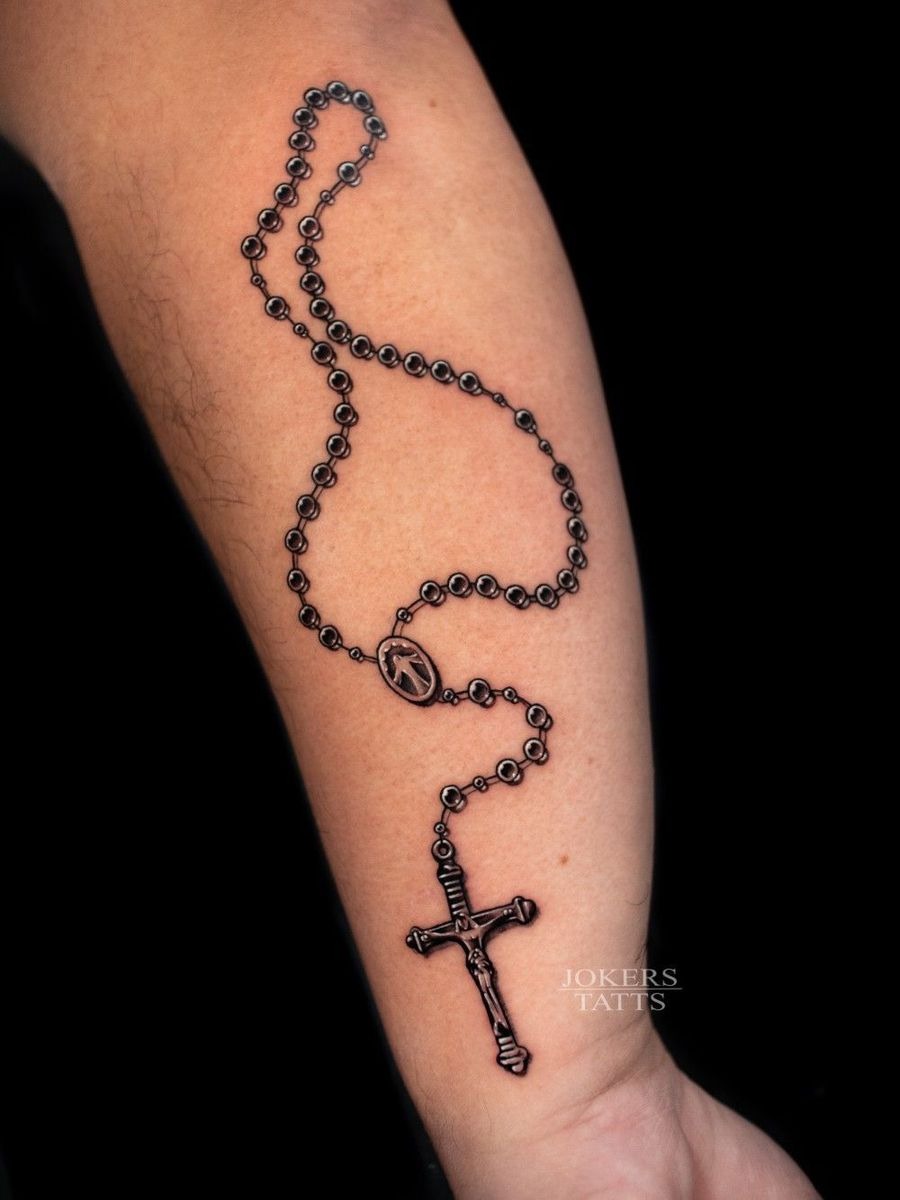 Flowing Forearm Rosary with Crucifix Tattoo Design