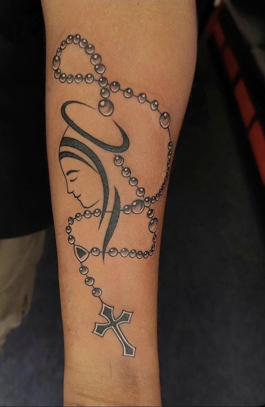 Mary and Rosary Forearm Tattoo Tattoo Design