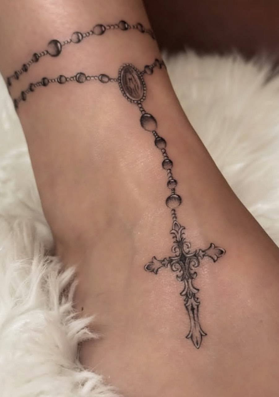 Ornate Lower-Leg Rosary Tattoo Tattoo Design