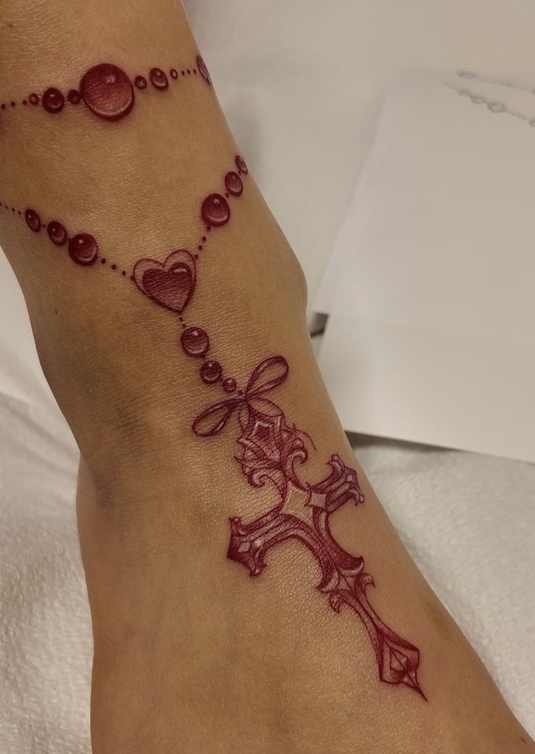 Red Ink Heart Rosary Tattoo Tattoo Design