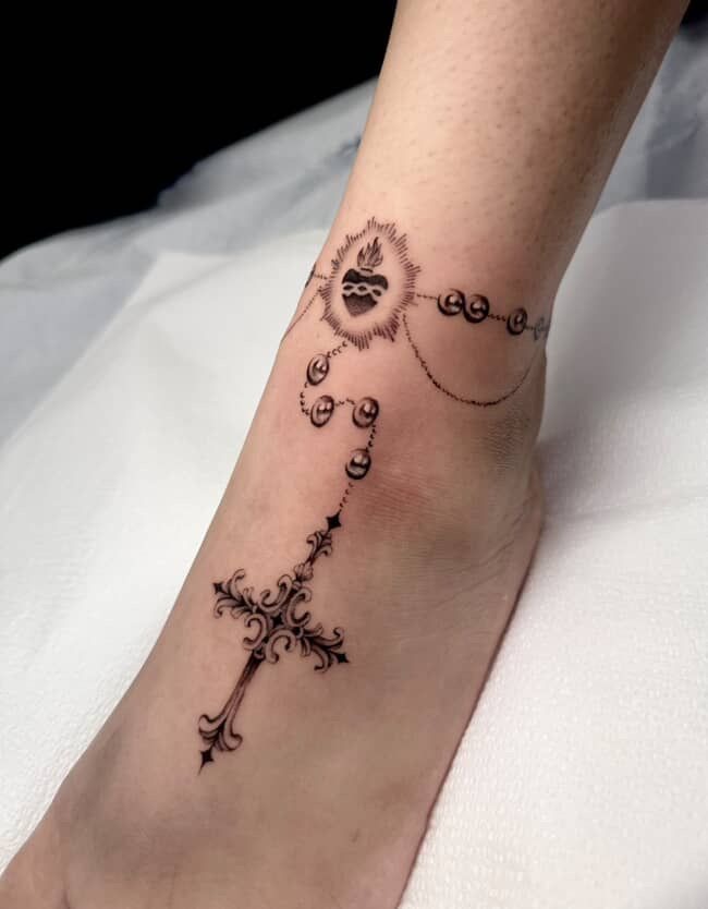 Sacred Heart and Rosary Foot Tattoo Tattoo Design