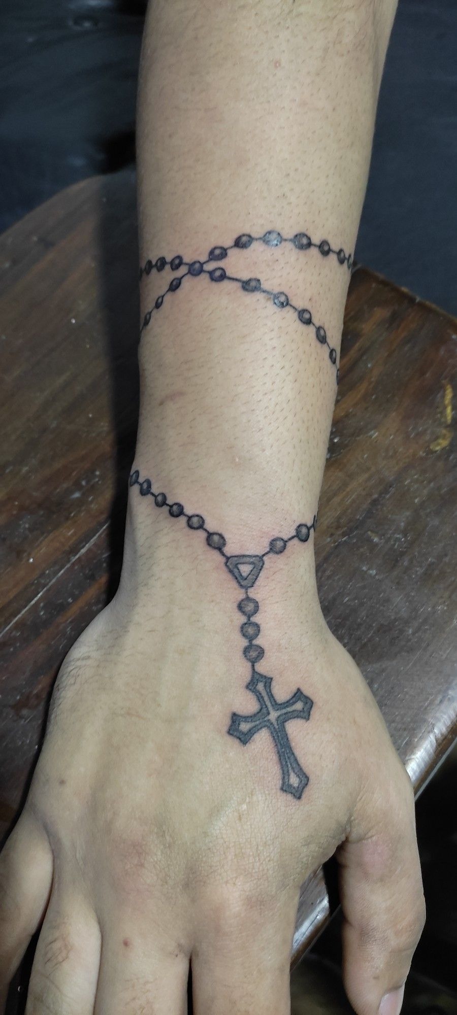 Simple Hand Rosary with Black Cross Tattoo Design