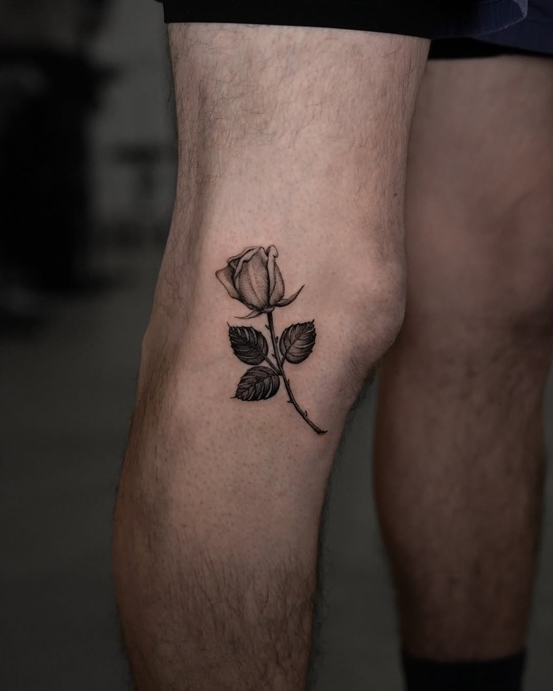 Elegant blackwork rose tattoo on the leg Tattoo Design