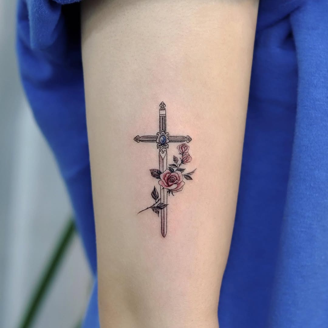 Elegant rose and cross tattoo design Tattoo Design