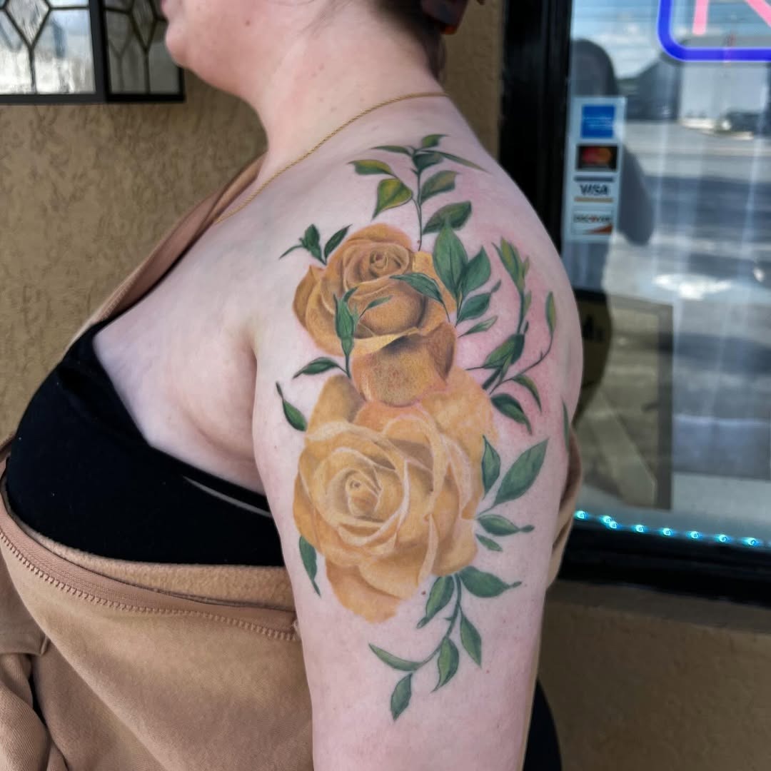 Elegant yellow rose tattoos on graceful shoulder Tattoo Design