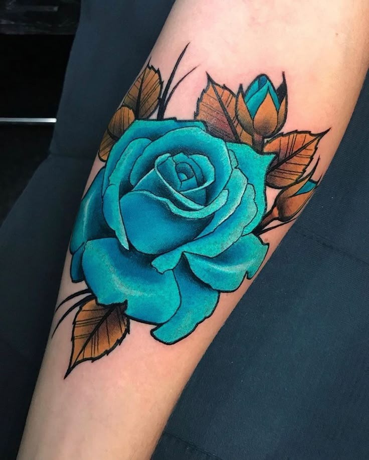 Bright blue rose with autumn leaves Tattoo Design