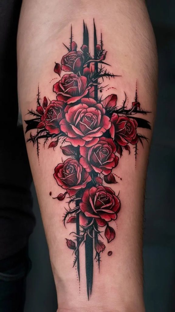 Gothic Rose Cross Composition Tattoo Design