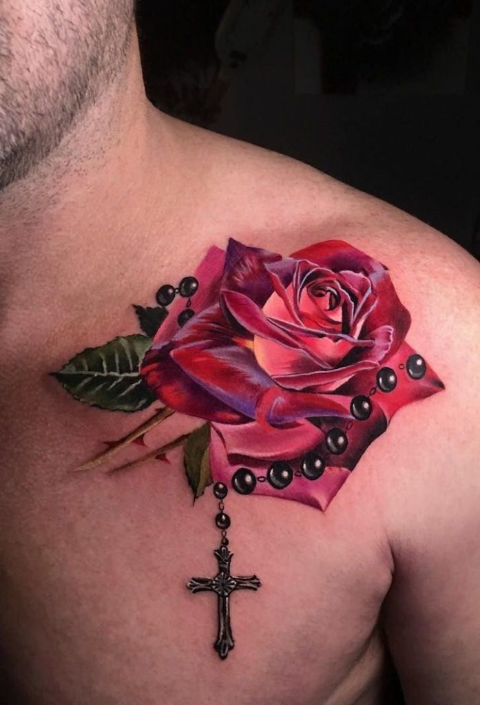Hyperrealistic rose with rosary chain Tattoo Design