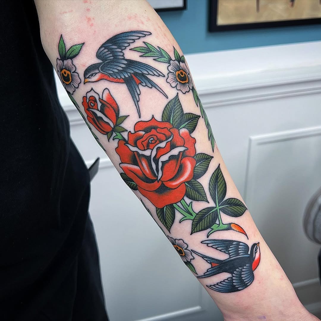 Vibrant Rose and Bird Sleeve Tattoo Design Tattoo Design