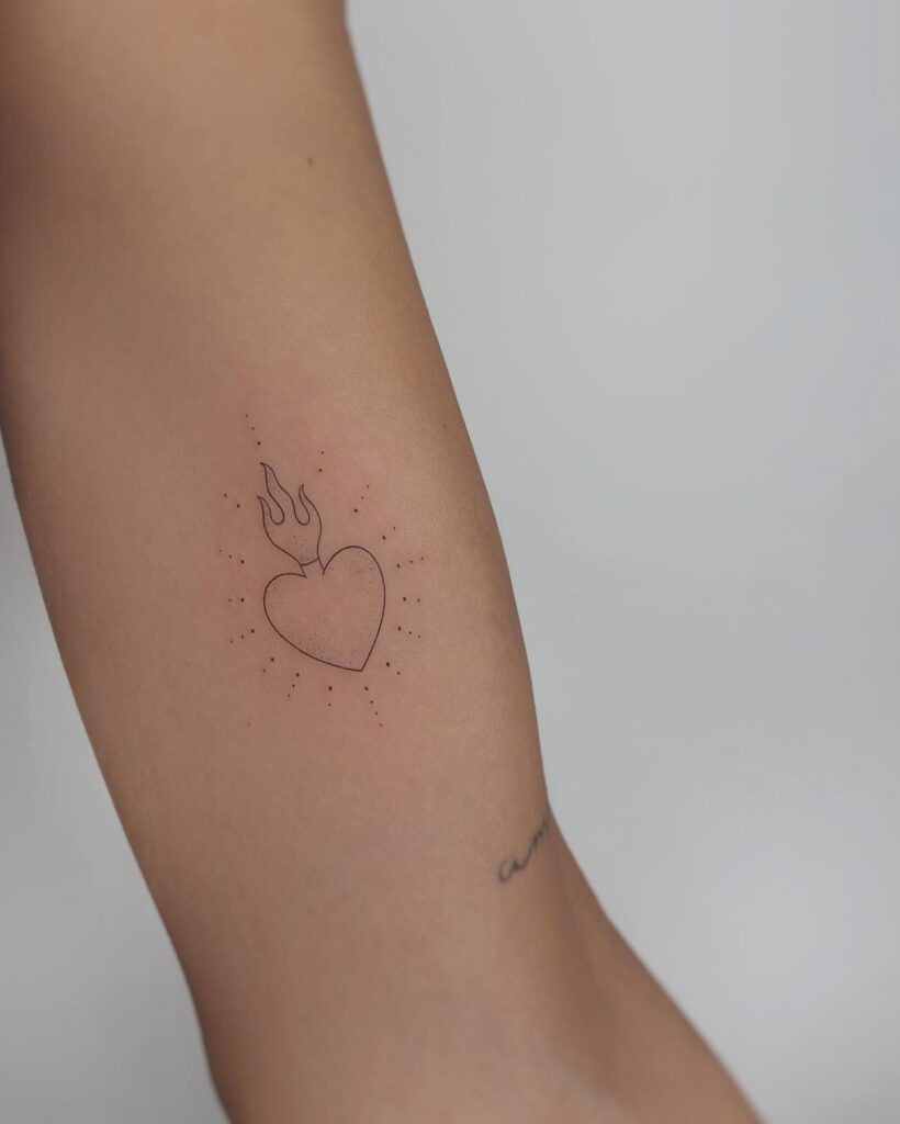 Delicate Sacred Heart Tattoo with Crescent Moon and Flower Tattoo Design