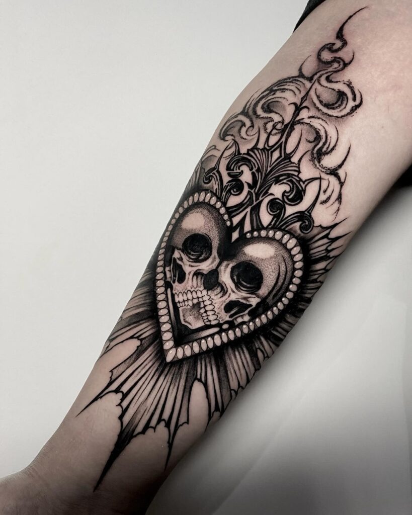 Dual Sacred Heart Designs Tattoos with Barbed Wire and Swords Tattoo Design
