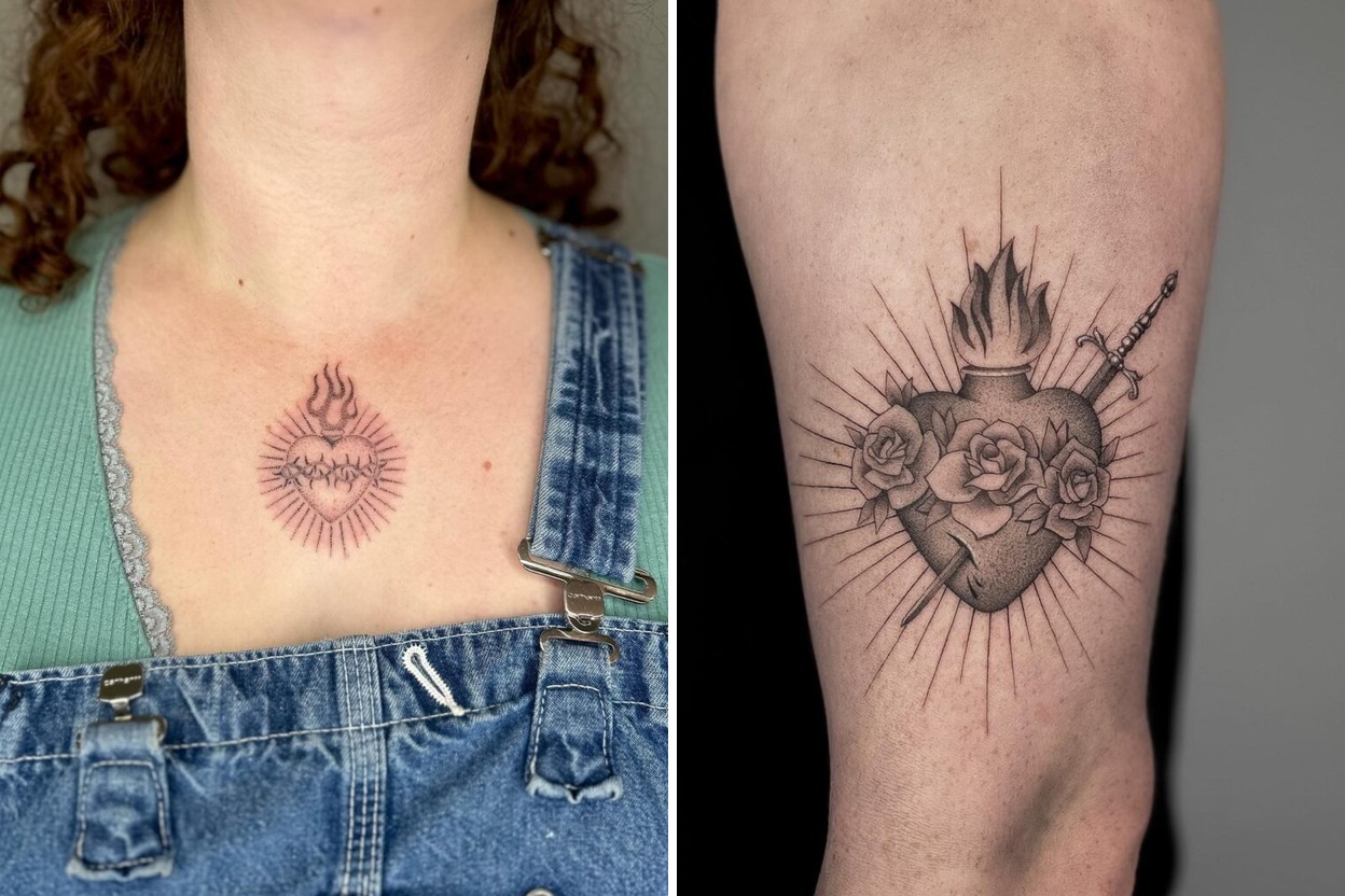 68+ Sacred Heart Tattoo Ideas & Inspiration Featured Lookbook Collage