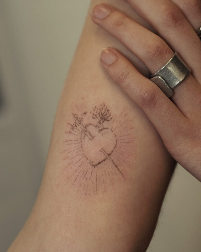 Matching Sacred Heart Floral Tattoos on Inner Arms Tattoo Design