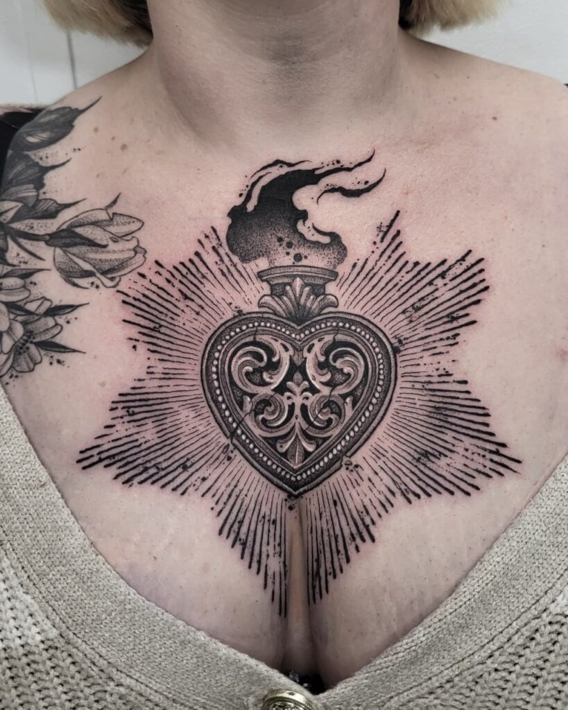 Minimalist Sacred Heart Tattoo with Flame Design Tattoo Design