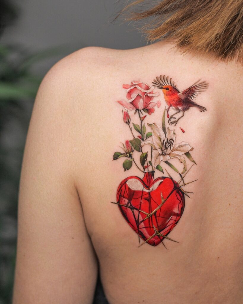 Neo-Traditional Sacred Heart Tattoo with Skull and Gold Accents Tattoo Design