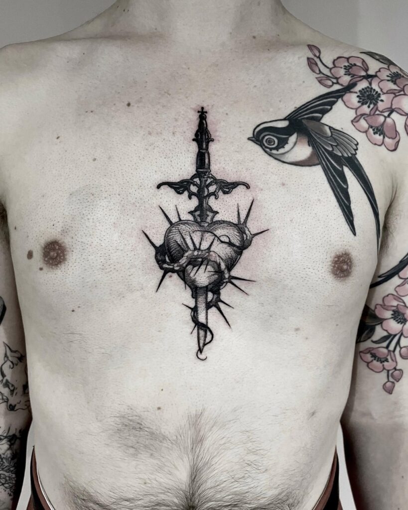 Sacred Heart Chest Tattoo with Crown of Thorns and Flame Tattoo Design