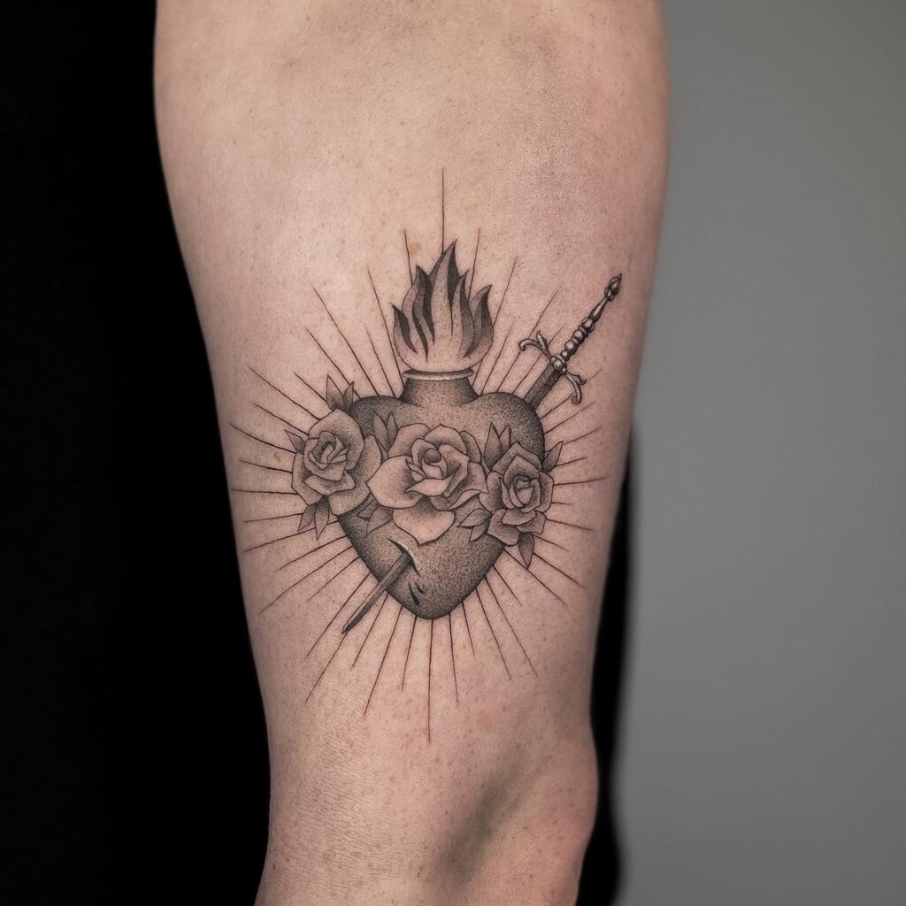 Sacred Heart Face Tattoo with Crown of Thorns Tattoo Design