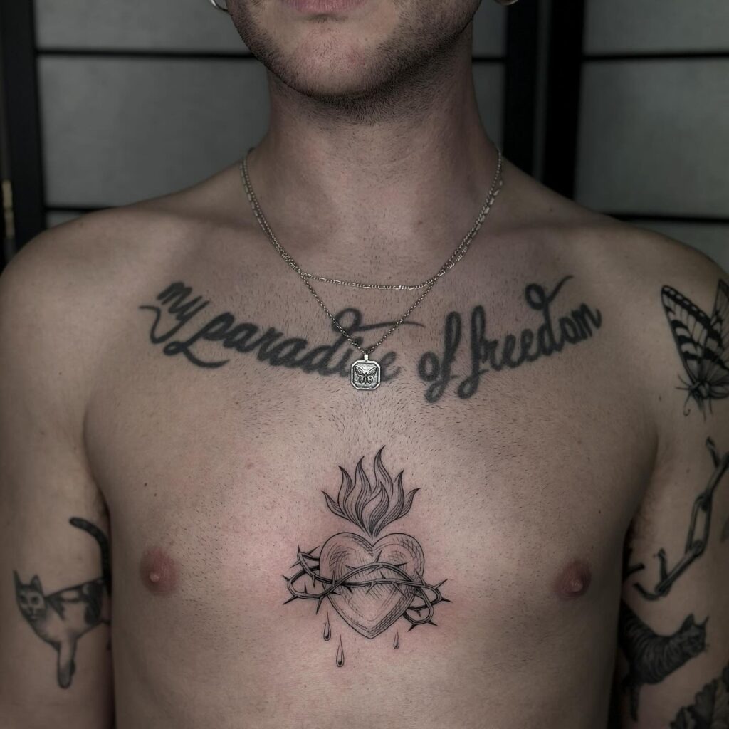 Sacred Heart Tattoo with Cross and Crown of Thorns Tattoo Design
