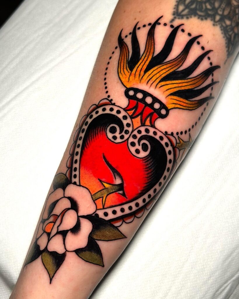 Sacred Heart Tattoo with Cross, Crown of Thorns, and Flames Tattoo Design