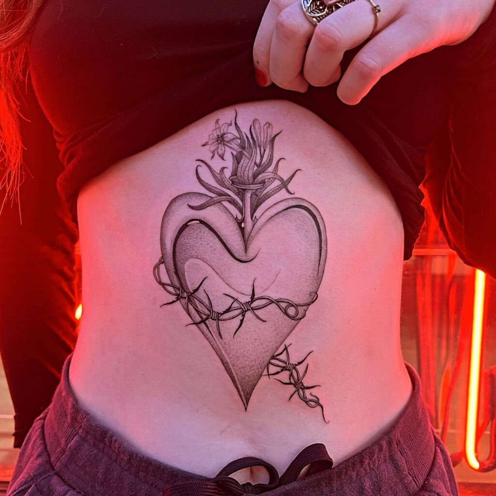 Sacred Heart Tattoo with Crown of Thorns, and Cross Tattoo Design