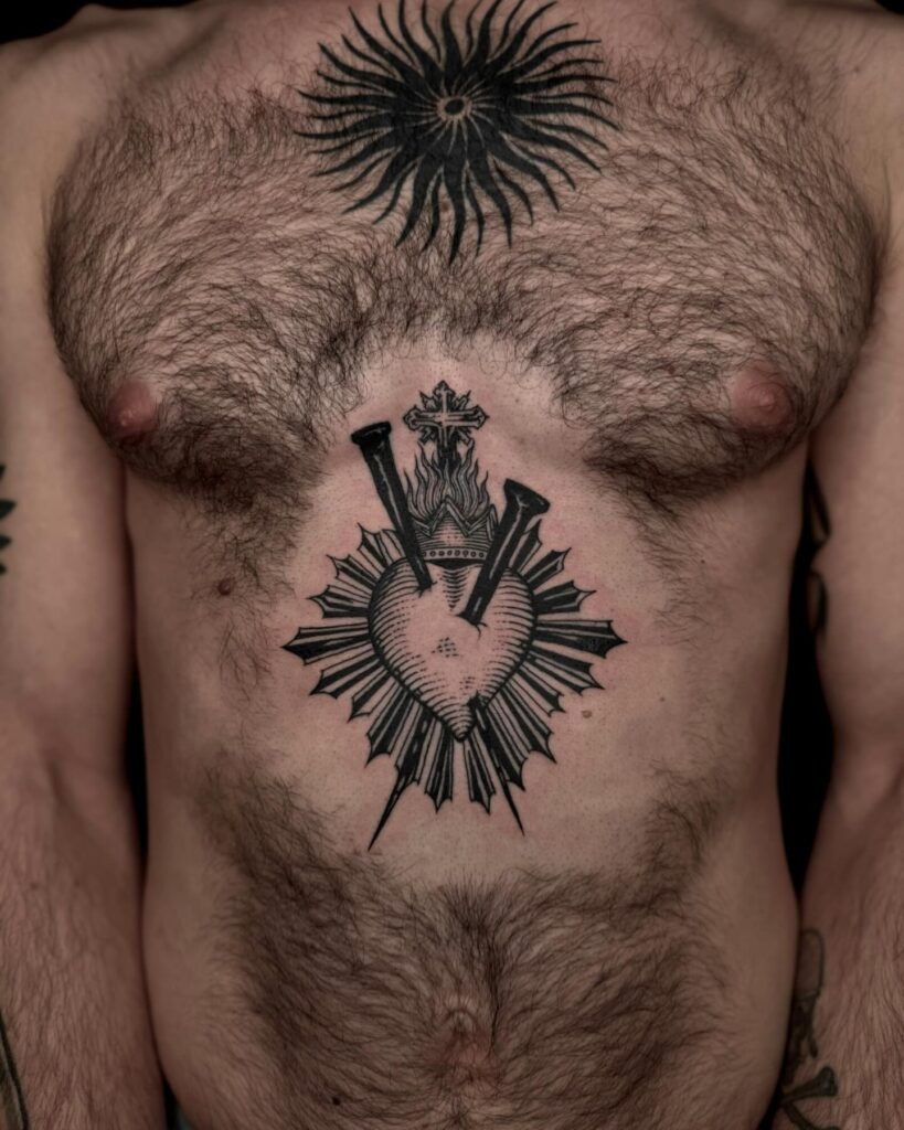 Sacred Heart with Crown of Thorns Tattoo and Stylized Flame Tattoo Design