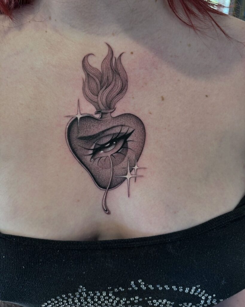Sacred Heart with Feminine Face and Flames Tattoo Tattoo Design