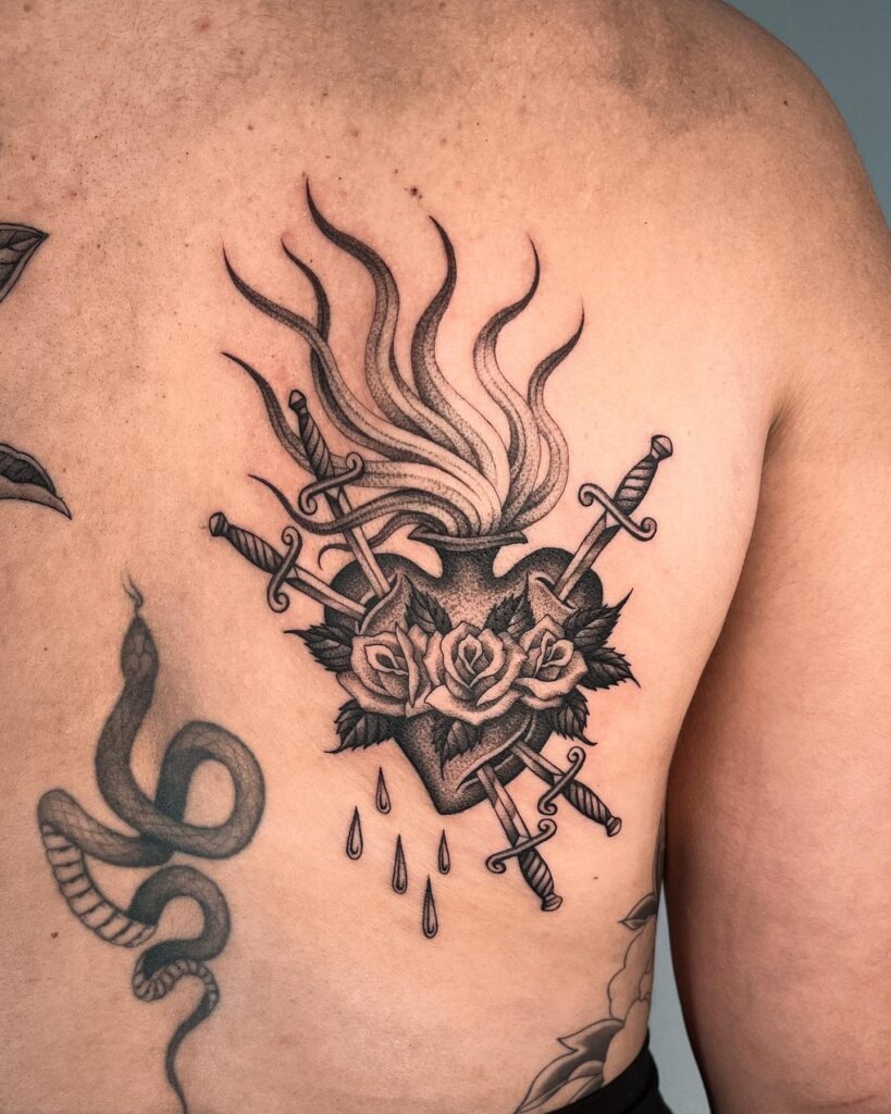Sacred Heart with Flowers and Flame Tattoo Tattoo Design