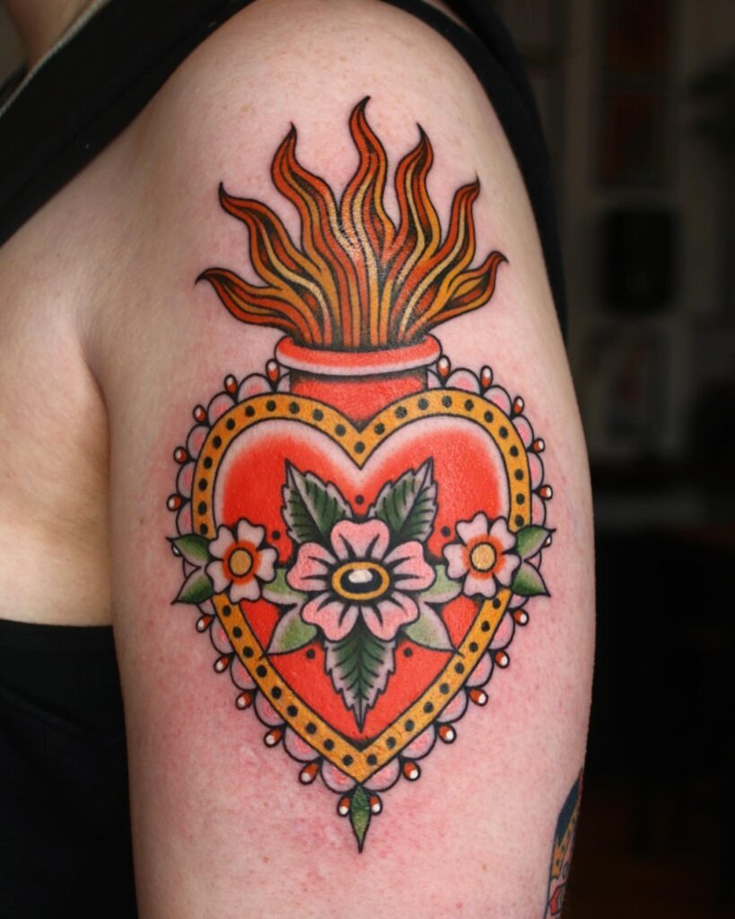 Sacred Heart with Keyhole, Flowers Tattoo Tattoo Design