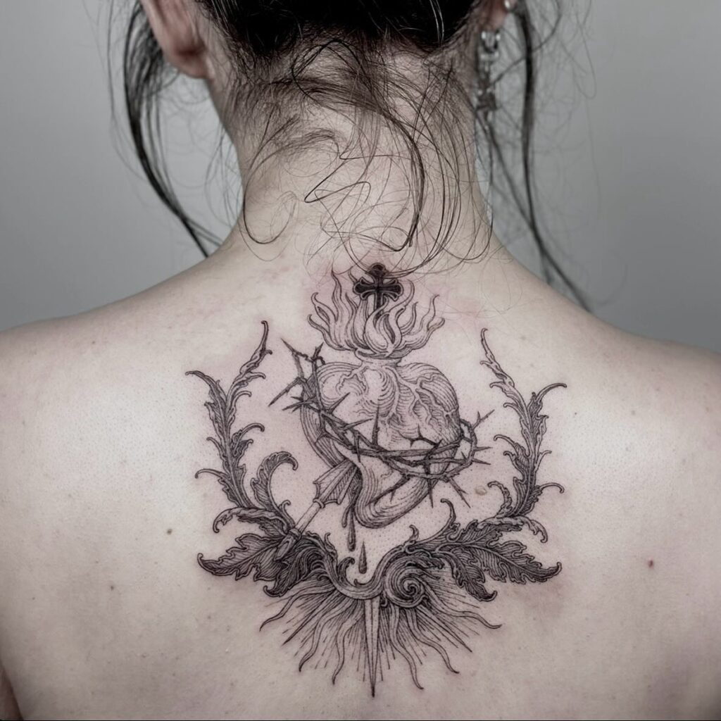 Sacred Heart with Name Banner and Flames Tattoo Tattoo Design