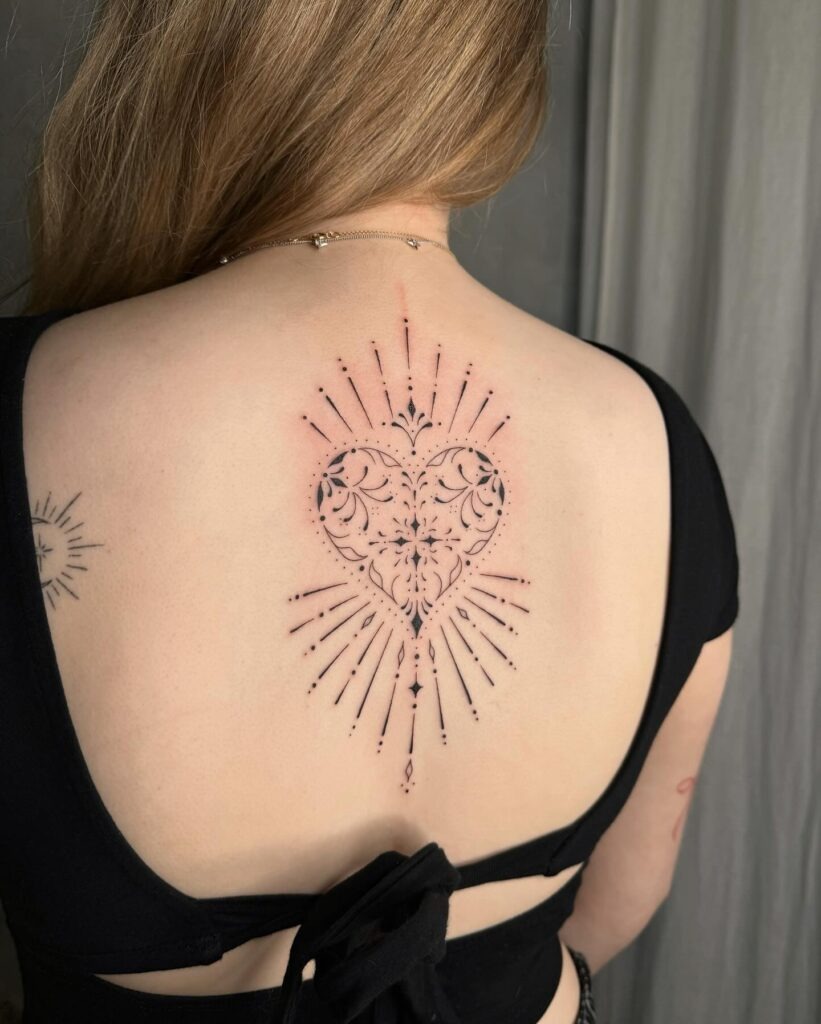 Sacred Heart with Ornate Flames and Gold Detailing Tattoo Tattoo Design