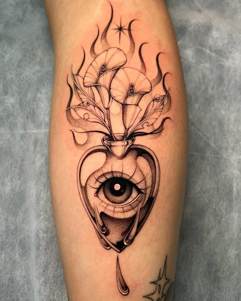 Sacred Heart with Roses, Lilies, and Flames Tattoo Tattoo Design