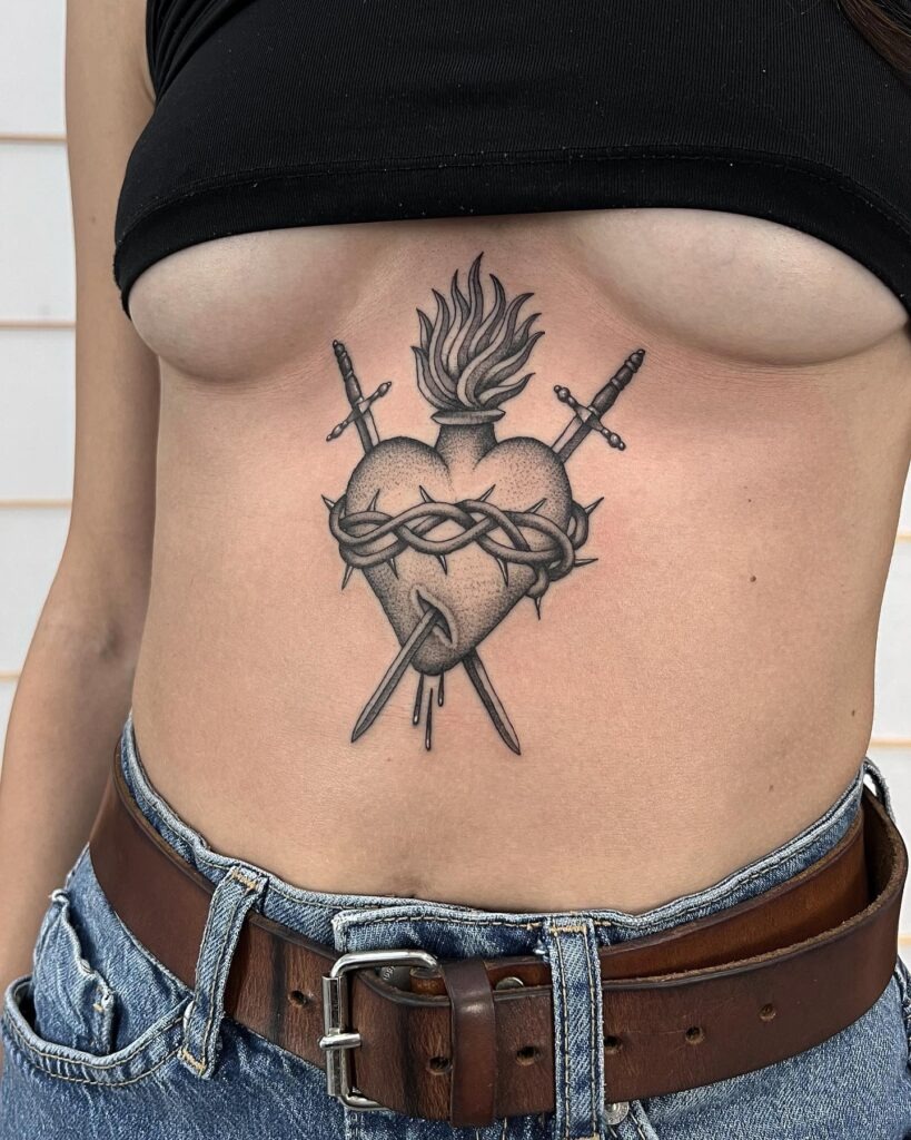Sacred Heart with Swords, Roses, and Flames Tattoo Tattoo Design