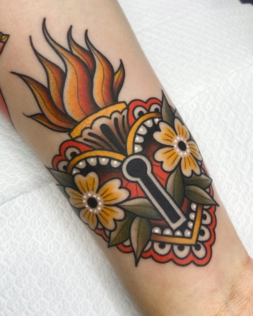 Traditional Sacred Heart Tattoo with Crown of Thorns and Flames Tattoo Design