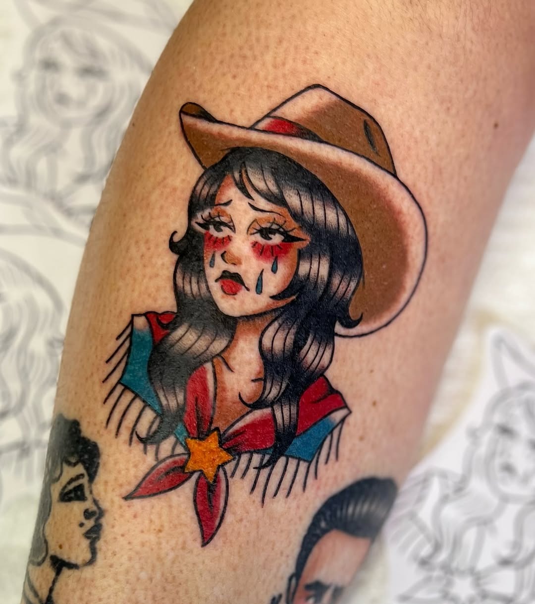 Melancholic cowgirl tattoo with vivid details Tattoo Design