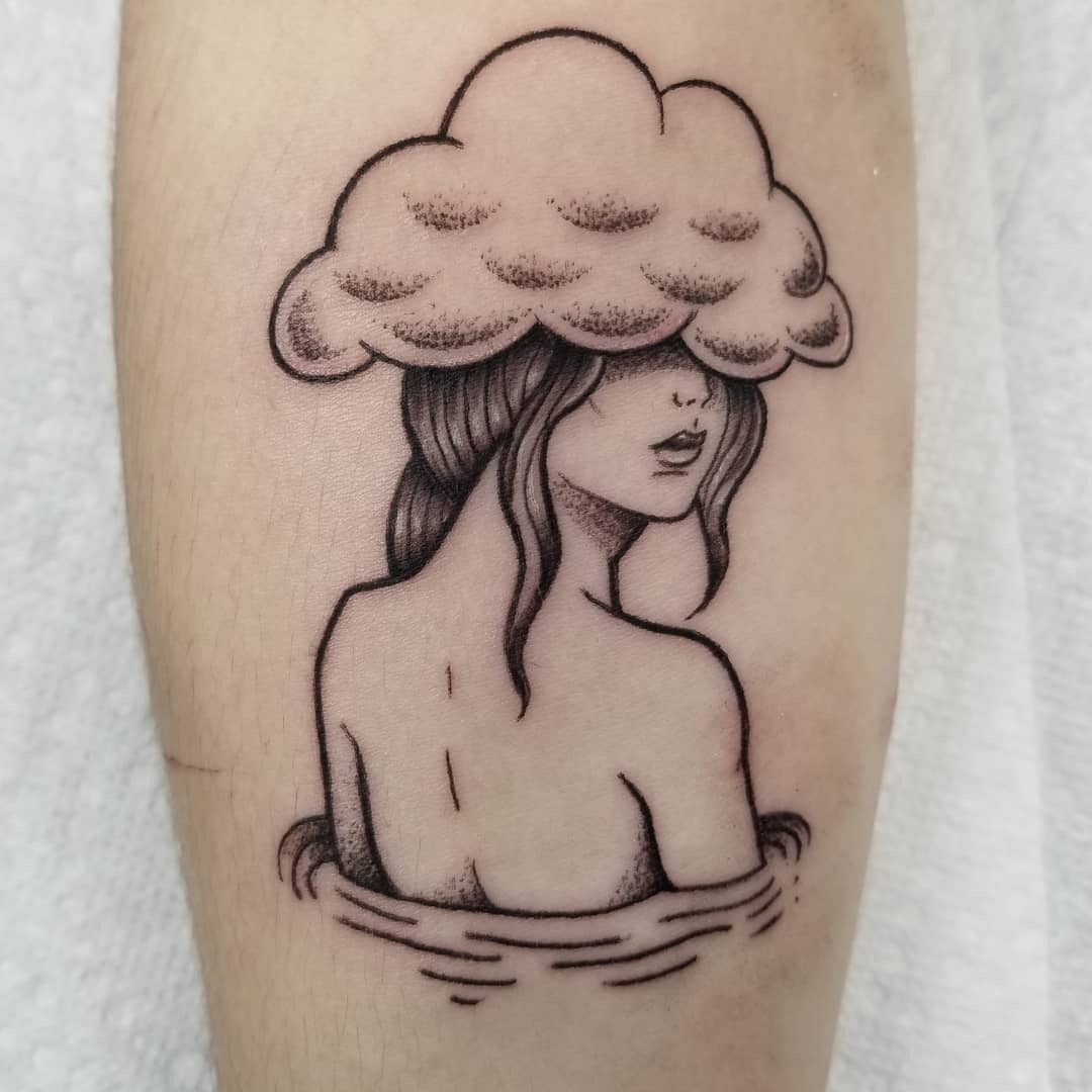 Melancholic woman with cloud and water elements Tattoo Design