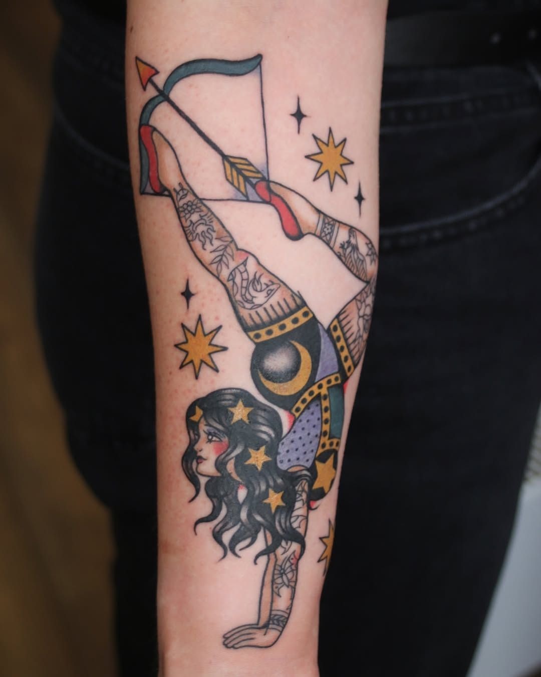 Colorful Traditional Sagittarius Woman Tattoo Design