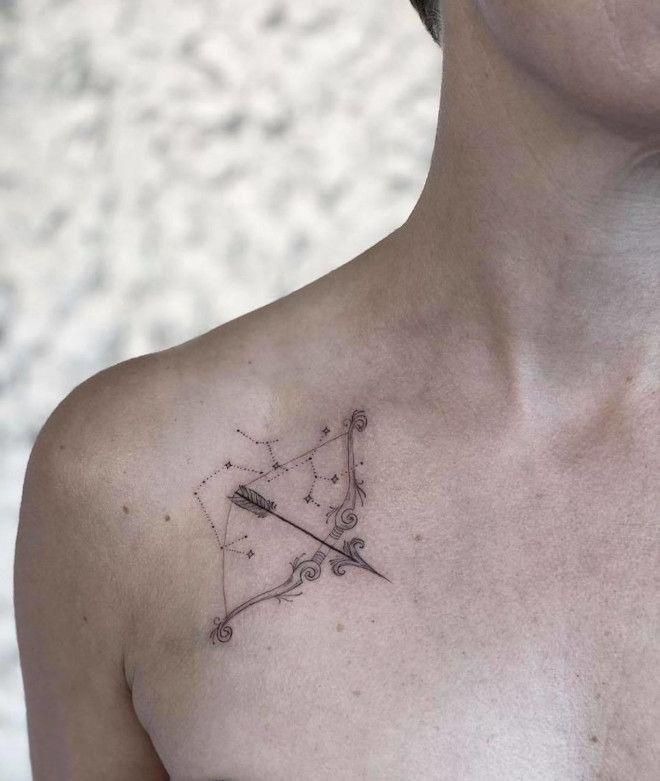 Fine Line Sagittarius Constellation and Bow Tattoo Design