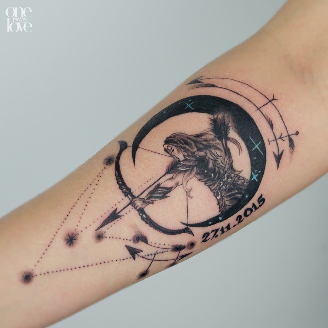 Moonlit Female Sagittarius Archer Tattoo Design