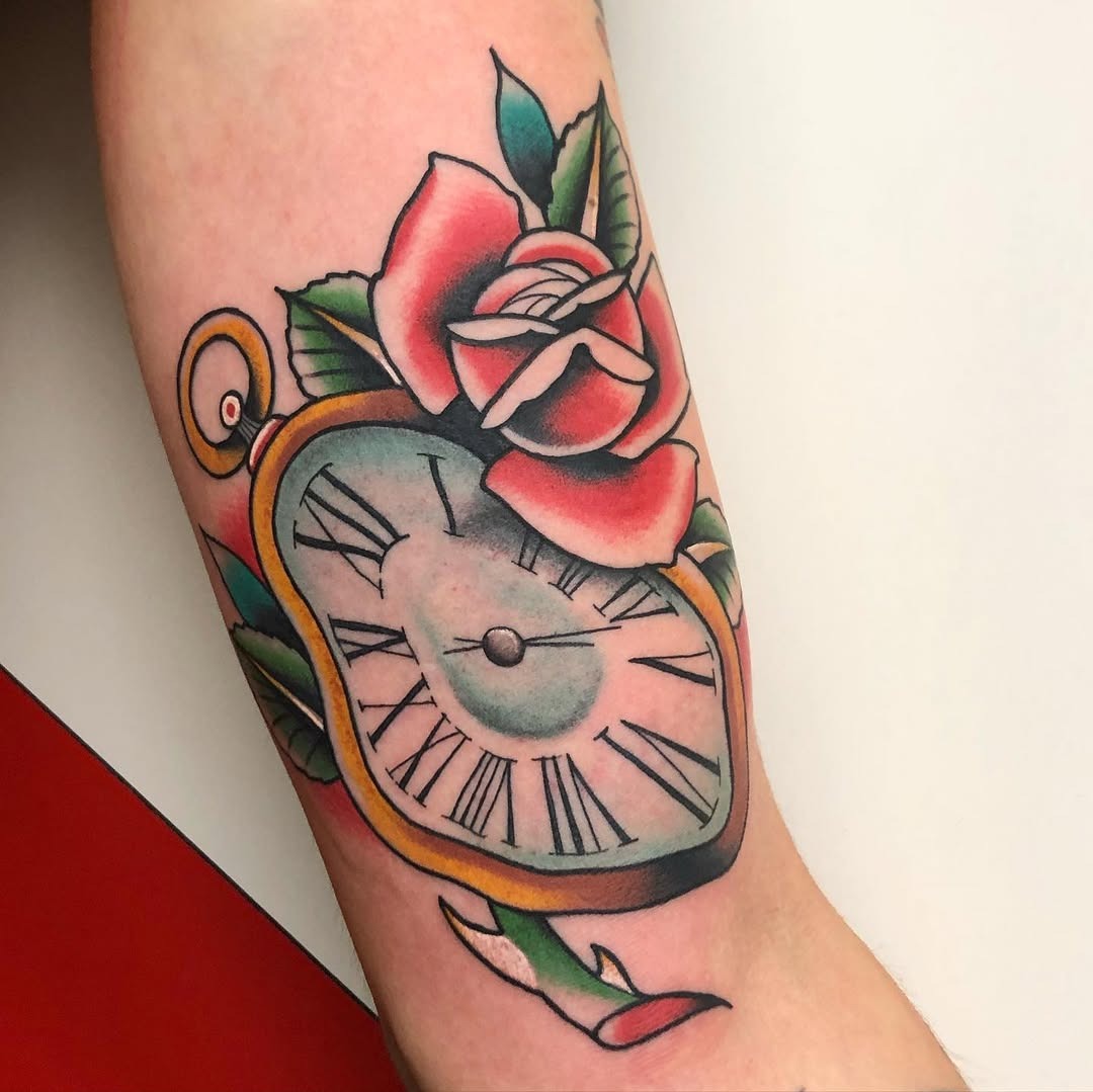 Intricate Salvador Dali clock and rose tattoo Tattoo Design